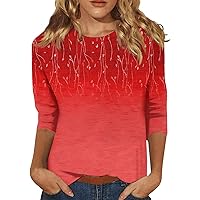 Womens Spring Fashion Tops 3/4 Sleeve Crewneck Cute Shirts Casual Print Trendy Blouses Three Quarter Length T Shirt