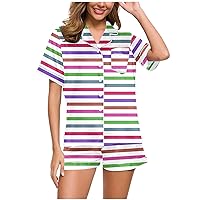 Classic Stripe Pajama Sets Summer Women Button Down Short Sleeve Shirts and Shorts Outfit Sleepwear Home Wear Set