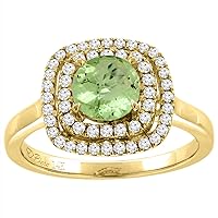 14K White Gold Natural Peridot Double Halo Diamond Engagement Ring Round 7 mm, Sizes 5-10
