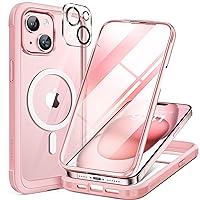 Miracase Glass Series for iPhone 15 Case [Compatible with MagSafe] Full-Body Magnetic Case with Built-in 9H Tempered Glass Anti-Fingerprint Screen Protector + Camera Lens Protector, Pink and Clear