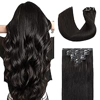Hairro Real Hair Extensions Clip in Human Hair Natural Black, 20 Inch 120g 7pcs Long Straight Remy Clip ins Hair Extensions, Seamless Double Weft Clip on Hair for Women #1B Natural Black