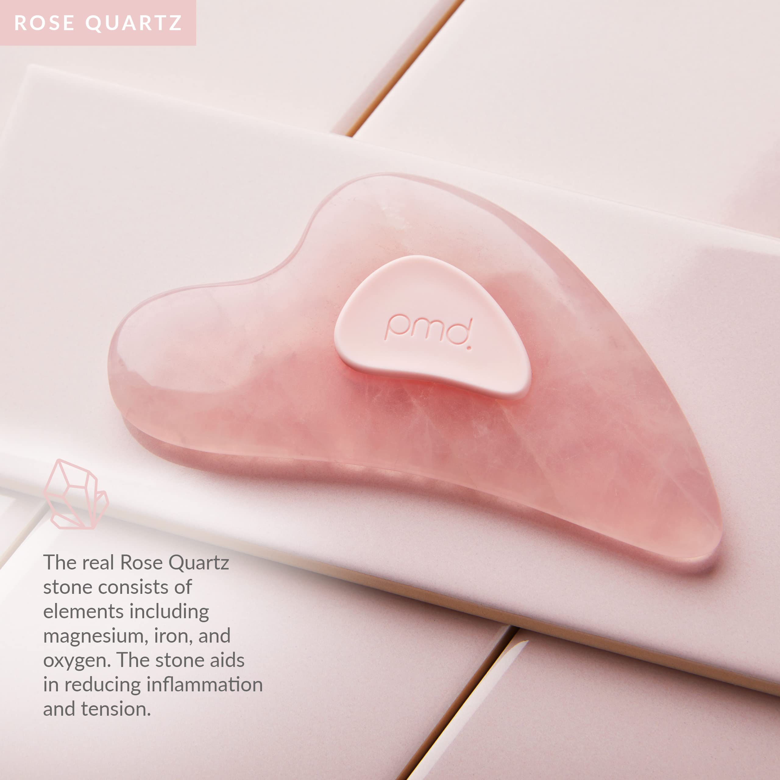 PMD Gua Sha - Massaging, Sculpting, and Depuffing Tool - Custom Design with Genuine Rose Quartz Stone and Silicone Grip - Reduce Tension & Inflammation