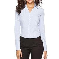 Ladies V-Neck Slim Pinstripe Work Shirt Formal Classic Office Blouses Slim Fit Dress Button Down Shirts