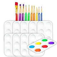 Horizon Group USA Paint Palettes and Brush Pack, 10 Rectangular Paint Trays with 6 Wells Each & 10 Assorted Paintbrushes with Long Triangle Handles, Great for Any Paint, Painting Supplies for Artists
