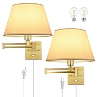 TRLIFE Dimmable Wall Sconce Plug in, Brushed Brass Wall Sconces Set of 2 Swing Arm Wall Lights with Plug in Cord and Dimmer On/Off Knob Switch, 11.8