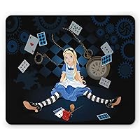 Ambesonne Alice in Wonderland Mouse Pad, Grown Giant Girl Sitting Flying Cards and Rose Checkered Cartoon, Rectangle Non-Slip Rubber Mousepad, Standard Size, Dark Blue