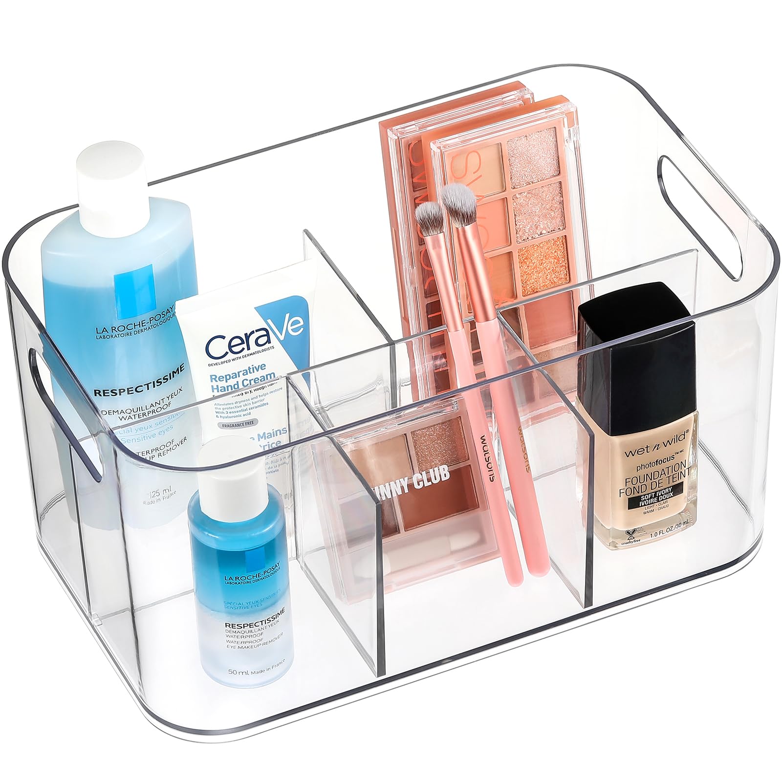 2 Pack, 5-Compartment Clear Plastic Bin - Divided Cosmetic Makeup Caddy Organizer - Multiuse Storage Container for Vanity, Bathroom, Kitchen, Pantry, Office, Craft, Utensil, Shower, Cleaning Items