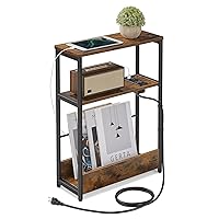 VASAGLE Side Table with Charging Station, Narrow End Table, 3-Tier Nightstand, Sofa Table for Small Spaces, Magazine Rack, for Living Room, Bedroom, Study, Rustic Brown and Ink Black ULET335K01