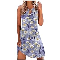 Women Keyhole Neck Dandelion Sleeveless T Shirt Dress Summer Trendy Loose Fit Swing Mini Tank Dresses for Going Out