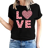 Valentines Short Sleeve T-Shirts for Women Love Heart Print T-Shirt Plaid Love Letter Crewneck 2024 Lover Gift Tee