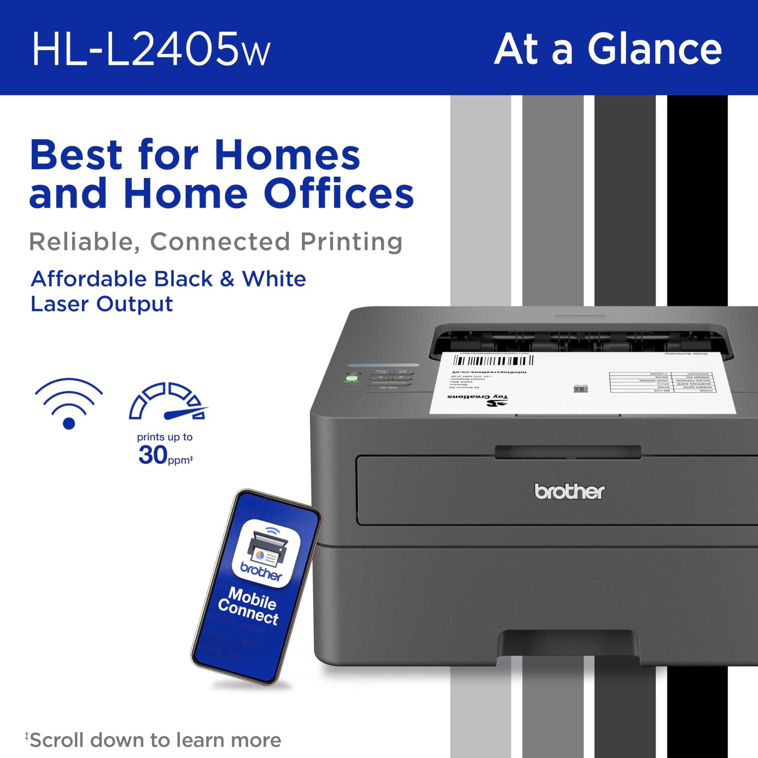 Brother HL-L2405W Wireless Compact Monochrome Laser Printer with Mobile Printing, Black & White Output | Includes Refresh Subscription Trial(1), Amazon Dash Replenishment Ready