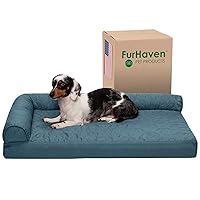 Furhaven Cooling Gel Dog Bed for Medium/Small Dogs w/ Removable Bolsters & Washable Cover, For Dogs Up to 35 lbs - Pinsonic Quilted Paw L Shaped Chaise - Bluestone, Medium