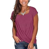 Jescakoo Women's Short Sleeve Round Neck T Shirt Front Twist Tunic Tops Casual Loose Fitted