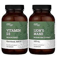 Earth Harmony Vegan Vitamin D3 5000 iu & Organic Lion's Mane 1000mg Supplement - 120 Capsules Each