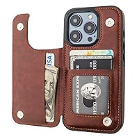 Compatible with iPhone 15 Pro Wallet Case with Card Holder, PU Leather Kickstand Card Slots Case, Double Magnetic Clasp and Durable Shockproof Cover 6.1 Inch (Brown)
