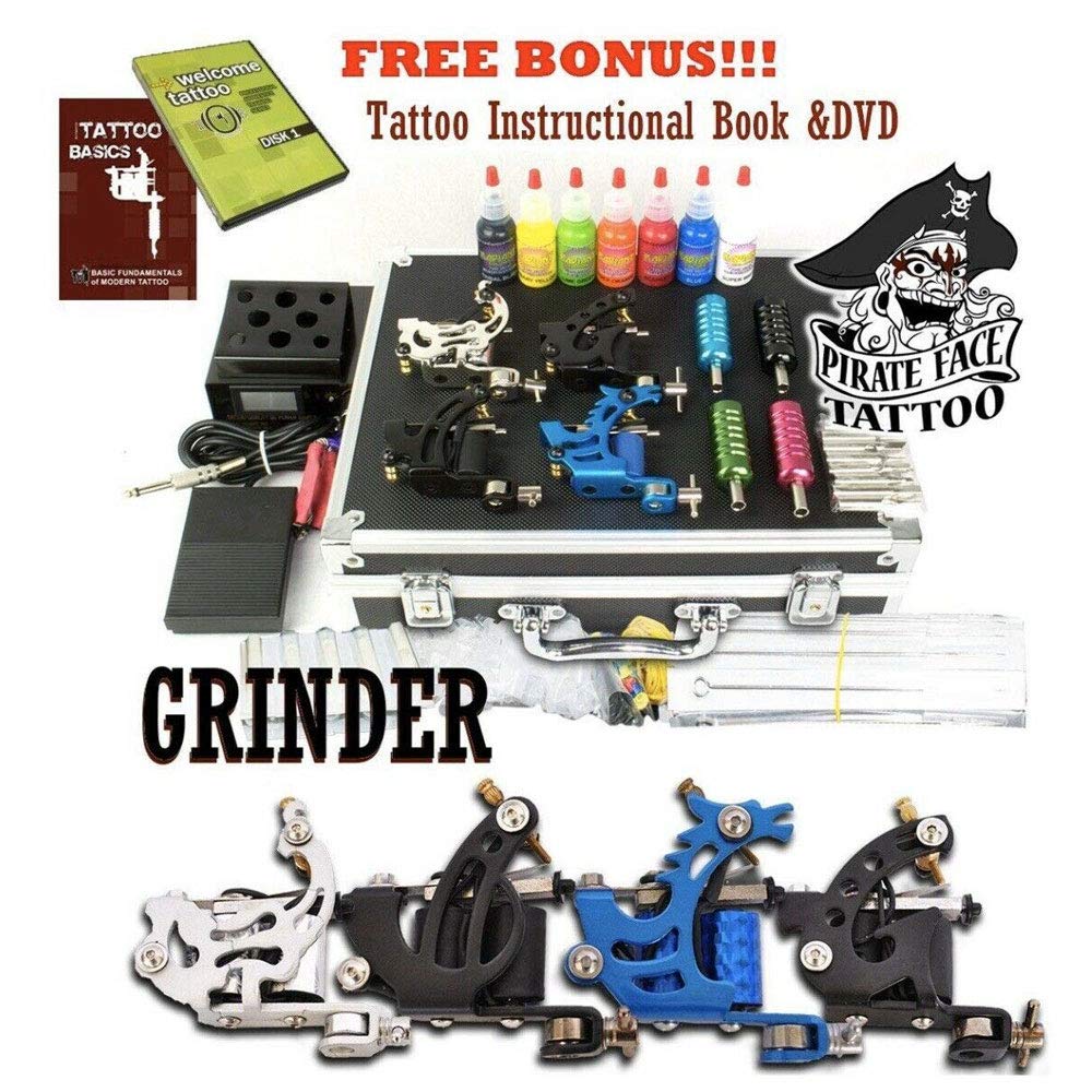 GRINDER Tattoo Kit by Pirate Face Tattoo / 4 Tattoo Machine Guns - Power Supply / 7 Ink by Radiant Colors - Made in the USA/LCD Power Supply / 50 Needles/PLUS Accessories
