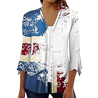 Women's American Flag Cardigans Bell 3/4 Sleeve Independence Shirt 4th July Loose Cover Up Casual Tunic Blouse Tops