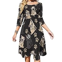 Cute Pug Puppies Midi Dresses for Women Tie Flared A-Line Swing 3/4 Sleeves Cute Sundress