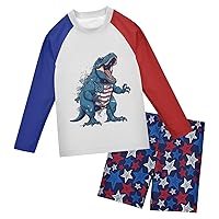 Baby Boys Rash Guard Sets Blue Shark American Flag Star Toddler Long Sleeve 2 Piece Swimsuit UV Sun Protection (3T-10)