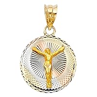 Round Jesus Crucifix Pendant Solid 14k Yellow White Rose Gold Religious Charm Tri Color 20 x 15 mm