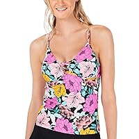 Juniors' Flowervescent Printed Molded Cup Tankini Top- Black Multi Small