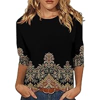 Shirts for Women, Womens Tops 3/4 Sleeve Summer Ethnic Floral Slim Tops Crewneck Slim Fit Tshirts Spring Blouse