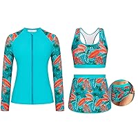 JASAMBAC Women's 3 Piece Rash Guard Zip Up UPF 50+ Swim Shirt Built in Bra Long Sleeve Swimsuits Swim Skirt with Bikini Brief