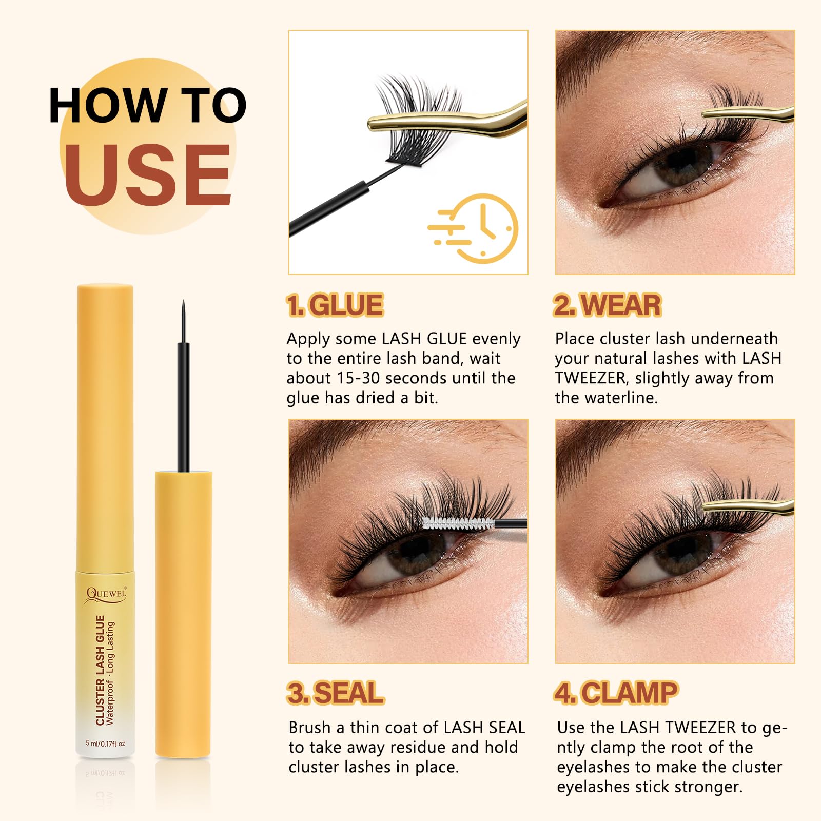 QUEWEL Lash Clusters Bond Eyelash Cluster Glue 5ML Cluster Lashes Glue Waterproof&Long Lasting, Super Strong Hold+QUEWEL Lash Clusters 320Pcs Cluster Lashes 40D D Curl Lash Clusters Mix9-16mm