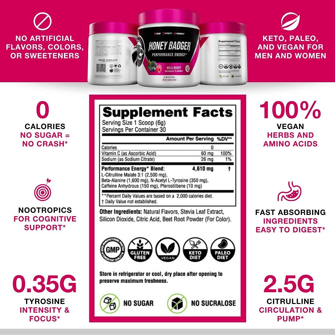 Honey Badger Pre Workout Powder & BCAA Amino Acids Powder Bundle | Beta Alanine, Caffeine & Vitamin C + Electrolytes | Vegan Keto Sugar Free & Paleo for Men & Women | 30 Servings (Wild Berry)