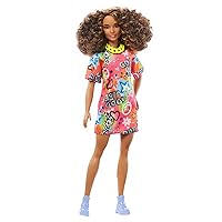 Barbie Fashionistas Doll with Athletic Shape, Curly Brunette Hair, Graffiti-Print T-Shirt Dress & Accessories