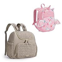 mommore Toddler Backpack Unicorn Backpack Bundle with Diaper Bag Small Diaper Backpack, 3D Cartoon Kids Backpack with Leash, Stylish Mommy and Toddler Baby Travel Backpacks(Grey Pink)