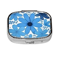 Blue Flowers Decorative Print Pill Box with 2 Compartment Round Pill Case Portable Travel Pillbox Small Medicine Organizer for Pocket Purse Vitamins