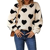 Women Heart Sweater Pullover Long Sleeve Crewneck Knitted Jumper Cozy Casual Knit Sweaters Tops