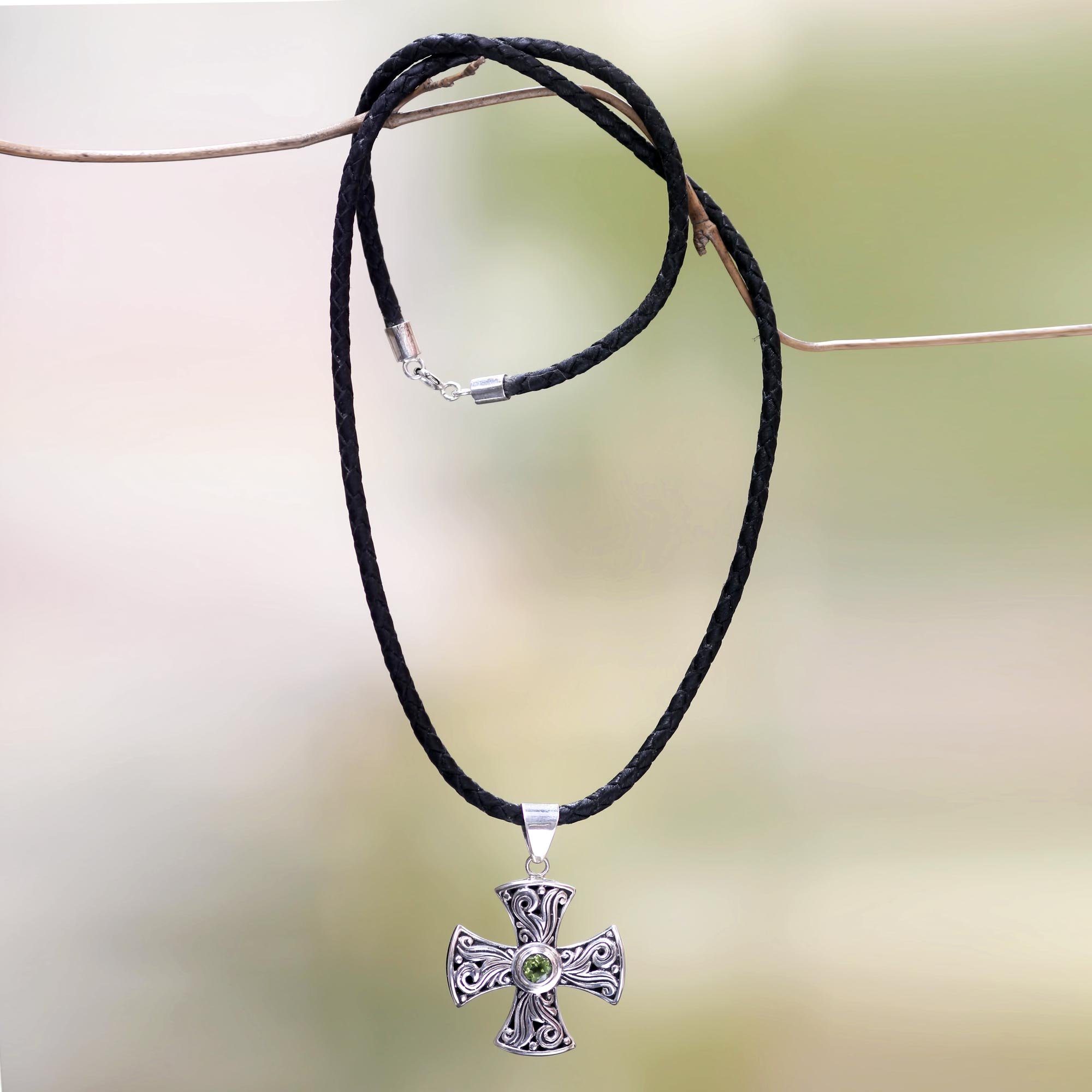 NOVICA Handmade Men's Peridot Cross Necklace .925 Sterling silver Leather Green Pendant Cord Indonesia Birthstone 'Light of Faith'