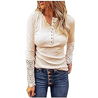 TUNUSKAT Womens Cream Henley Shirts Sexy Casual Ribbed Knit Tops Fashion Lace Patchwork Long Sleeve Tshirt Button Up Blouse