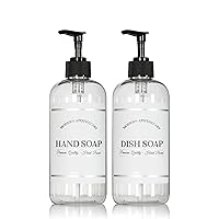 Clear Refillable Hand and Dish Soap Dispenser Set with Pumps for Kitchen Sink - PET Plastic Soap Bottles Refillable with Pump - Waterproof Labels - 16 oz, 2 Pack (Black Plastic)