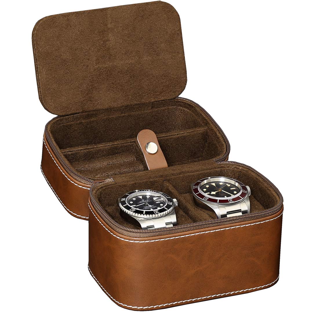 ROTHWELL Gift Set 10 Slot Leather Watch Box & Matching 2 Watch Travel Case - Luxury Watch Case Display Organizer, Locking Mens Jewelry Watches Holder, Men's Storage Boxes Glass Top Tan/Brown