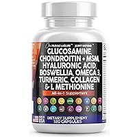 Glucosamine Chondroitin MSM Turmeric Hyaluronic Acid Boswellia Collagen Tart Cherry - Joint Support Supplement Omega 3 Pills Ginger Quercetin Capsules - 120 Count USA