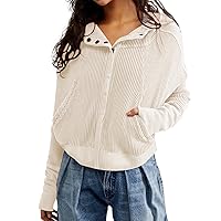 PEHMEA Women Waffle Knit Jacket Zip Up Button Fashion Tops Oversized Hoodie Shackets with Pockets