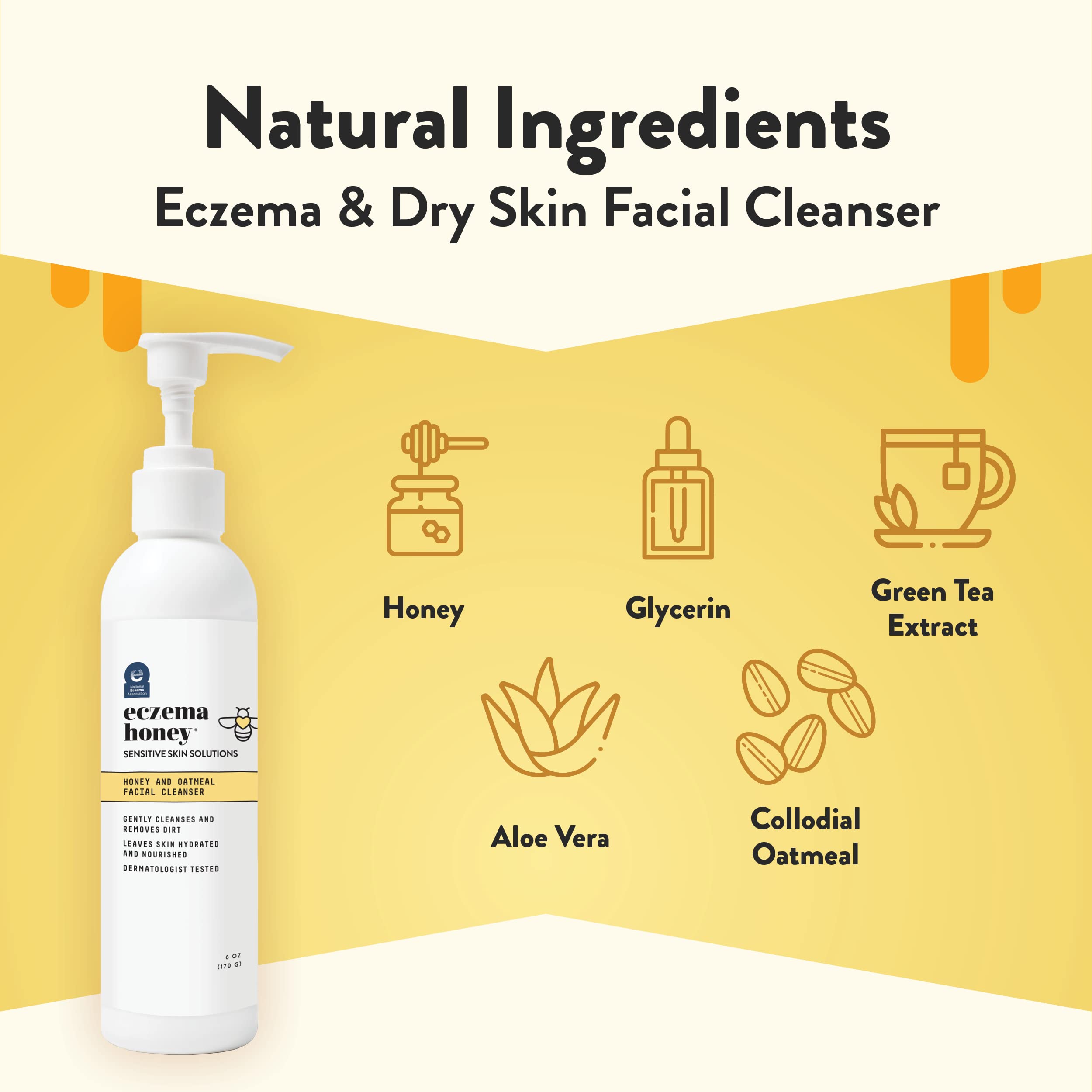 ECZEMA HONEY Oatmeal Facial Cleanser - Natural Eczema Face Wash Prevents Breakouts - Daily Gentle Face Cleanser for Dry, Itchy, Sensitive, & Irritable Skin (6 Oz)