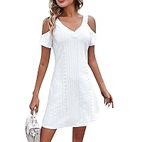 Vacation Dresses for Women Solid Color Lace Patchwork Fashion Trendy with Short Sleeve V Neck Cold Shoulder Dress