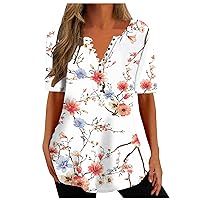 Women Tops Boho Floral Print Henley Shirts Short Sleeve V Neck Casual Tshirt Summer Dressy Tunic Blouse Ladies Outfits