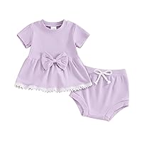 Newbgclo Baby Girl Summer Clothes Set Ribbed Short Sleeve Lace Trim Tops Solid Bloomer Shorts Sets 2Pcs Infant Girl Outfits