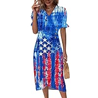 Women's 4Th of July Beach Dresses Spring Summer Elegant Wrap V Neck Boho Dress Flowy Ruched Hawaiian Maxi Dress