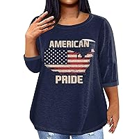 July 4Th Outfit Women, Plus Size Tops Summer Blouses for Women 2024 Women's Casual Independence Day Printing Blouse 3/4 Sleeve Shirt Fashion Round Neck Summer Plus Size 2024 Tee (Navy,Large)