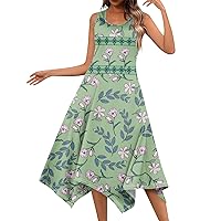 Women Sundress Vintage Dress for Women 2024 Floral Print Casual Flowy Elegant Slim Fit with Sleeveless Round Neck Swing Dresses Cyan XX-Large
