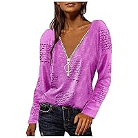 Women's Tops Dressy Casual Fashion Loose Zipper V-Neck Printed Long Sleeved Tops Sleeve Undershirt, S-5XL