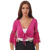 YiZYiF Women's Flare Sleeve Tassel Bolero Shrugs Belly Dance Gypsy Style Cardigan Wrap Tie Crop Top