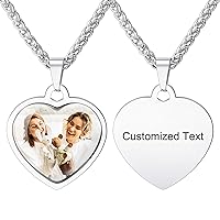 INBLUE Personalized Engraved Picture Text Necklace with Protective Epoxy Stainless Steel Dog Tag Heart Shape Pendant with Wheat/Rolo Chain Memorial Jewelry Gift for Women Men