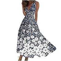 Plus Size Sundress, Plus Size Boho Dress Womens Dresses for Wedding Guest Maxi Dress Womens Trendy Sleeveless Casual V Neck Women's Fashion Floral Print Loose Line Outdoor Swing (Blue,XX-Large)